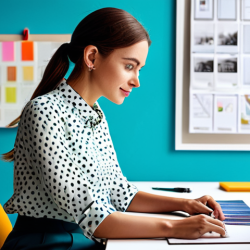 **

"A vibrant, professional graphic designer in a stylish, modest blouse and tailored trousers, working at a brightly lit desk in a modern co-working space, surrounded by design tools and mood boards, fully clothed, appropriate attire, safe for work, perfect anatomy, natural proportions, digital art, high resolution, professional studio lighting."

**