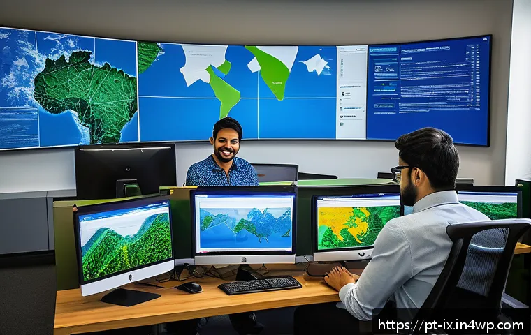 API 설계의 경량화 전략 - A modern Brazilian tech office environment showing software developers collaborating on API design. ...